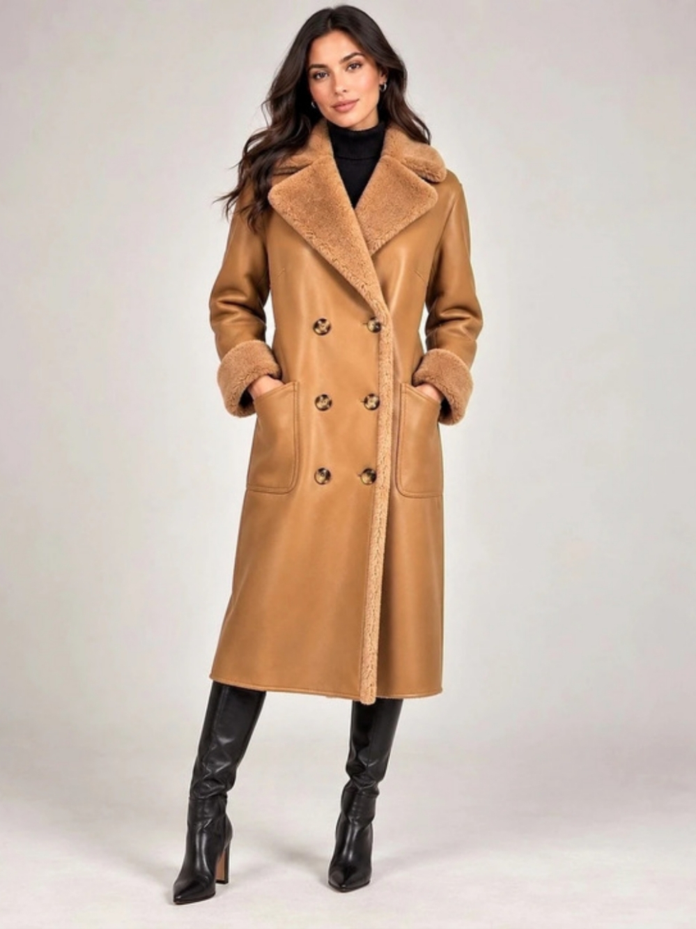 Women's Camel Reversible Faux Leather And Fur Coat